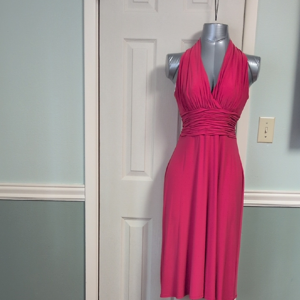 Evan Picone Halter-Style Midi Dress in Fuchsia